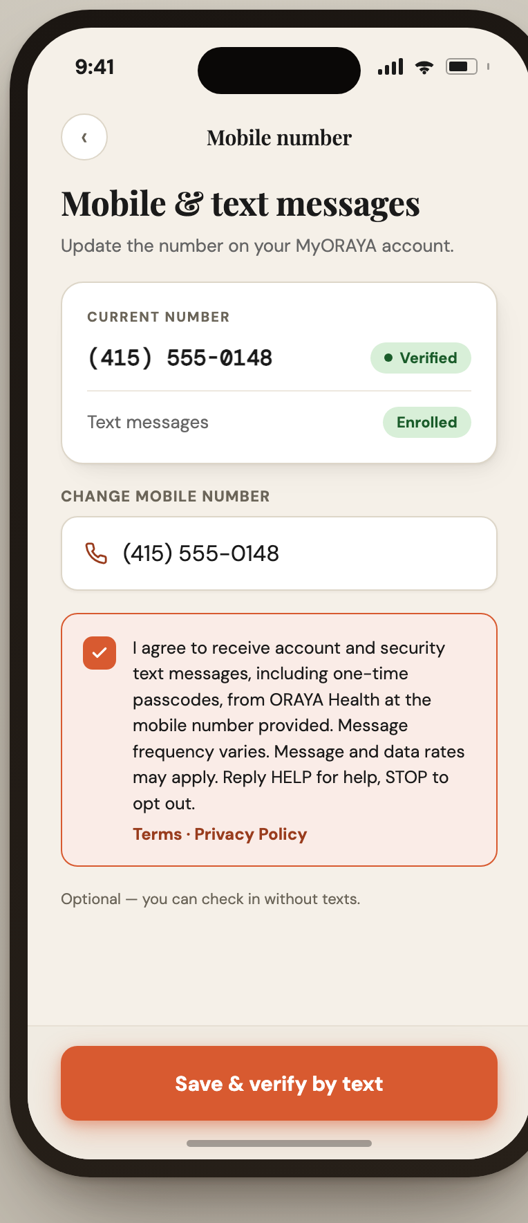 Mobile number settings screen showing the verified number, the Enrolled text-message state, and the consent disclosure text.