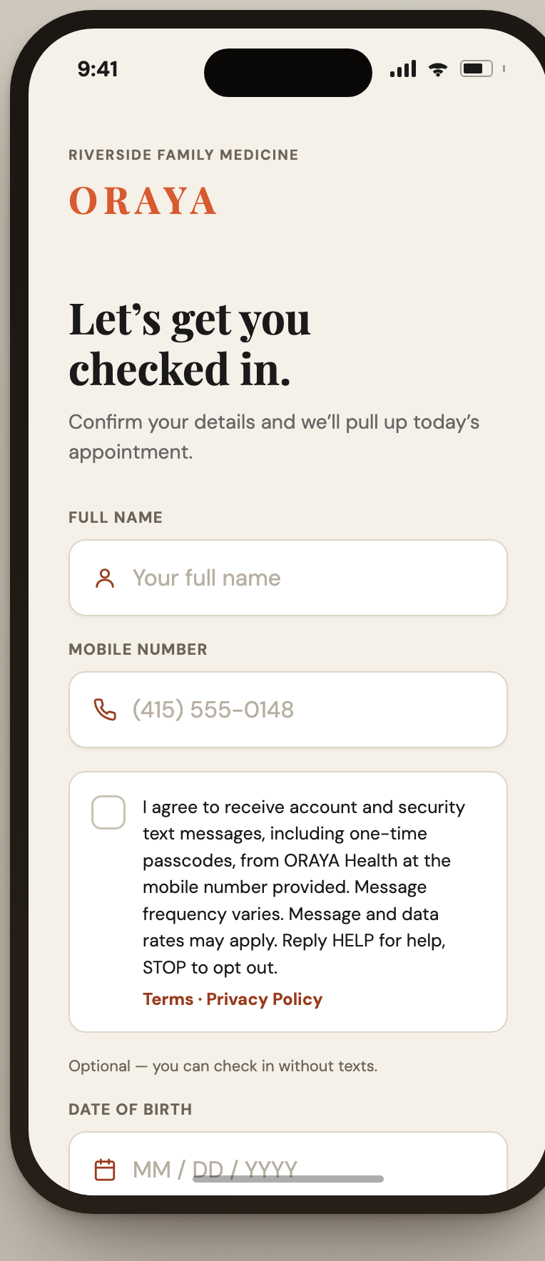 ORAYA check-in screen showing the mobile number field, the unchecked SMS consent checkbox, and the full consent disclosure text beneath it.